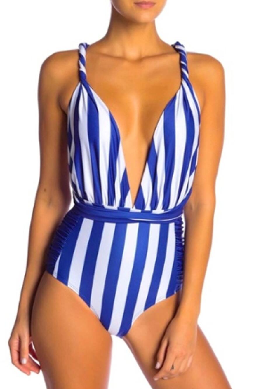 Nicole Miller Convertible Plunge One Piece Swimsuit Womens L Stripe Navy White